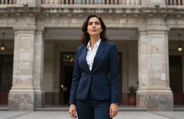 A confident female legal professional standing in a grand Latin American / Spanish public building entrance, looking hopeful, wearing dark navy blue attire, professional photography.