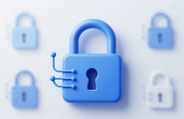 A sleek, 3D rendered security lock icon integrated with digital circuit lines, high-tech style, professional finish, using #E0E8F0 and #5082A7.