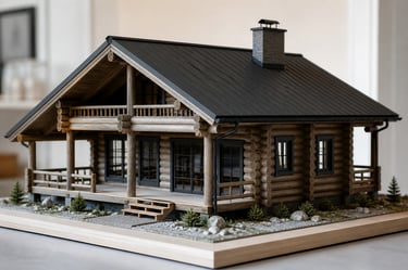 Detailed architectural scale model of a rustic log cabin with a black metal roof and chimney.