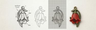 Jewelry design process from sketch to 3D model and finished red bellflower pendant.