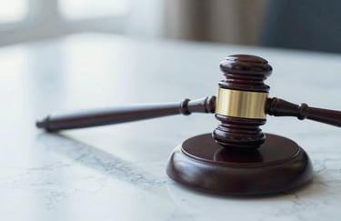 A set of wooden gavels on a polished marble surface, bright and airy lighting, sophisticated palette with #87A0B8 and #E8ECF0.