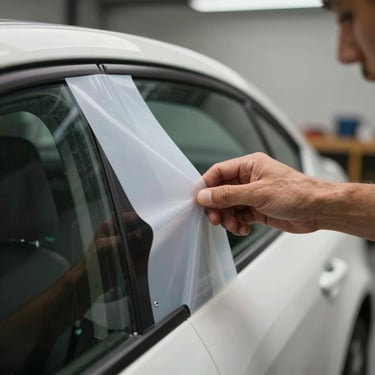 Close up of a professional hand applying a high-quality vinyl advertisement to a car door. Workshop environment, soft focus background.