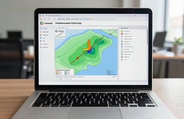 A crisp photograph of a professional laptop screen showing a custom software interface for groundwater hydrology analysis, set in a bright South Asian office.