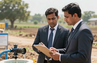 A professional consultant in South Asian business attire inspecting a rural water supply infrastructure project, using a clipboard under bright daylight.