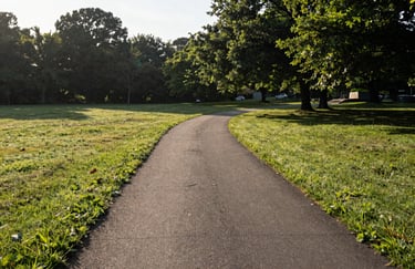 A serene path winding through a North American park during a bright morning. The imagery represents the journey of healing and the progress made one step at a time in a safe environment.