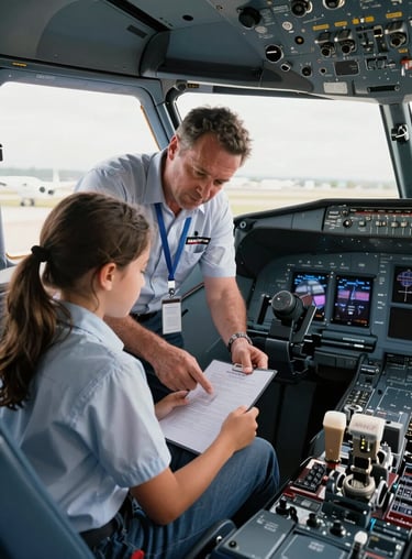 A well-experienced aviation professional mentoring a young student inside the cockpit of a modern training aircraft in Kenya.