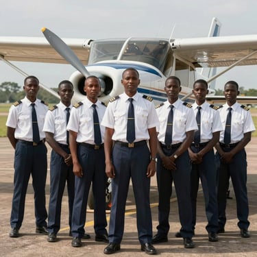 A group of East African aviation students in white pilot uniforms standing proudly in front of a small fixed-wing aircraft at Wilson Airport.