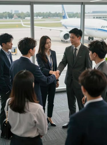 A high-angle photo of a group of students and industry partners shaking hands in a professional office setting overlooking an airfield.