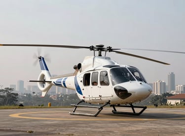 A premium shot of a rotary-wing helicopter on a helipad with the Nairobi skyline faintly visible in the distance.