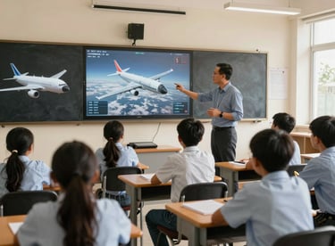 A bright and airy classroom in Nairobi where a mentor is using a flight simulator to teach aerospace concepts to students.