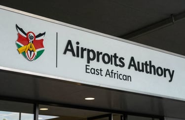 A professional close-up of a Kenya Airports Authority branded terminal entrance at an East African airport.