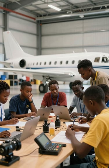 East African students engaged in a workshop inside a modern aviation hangar with professional tools and aircraft components visible.