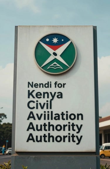 A crisp, outdoor shot of the Kenya Civil Aviation Authority headquarters signage in Nairobi, with a soft blue sky overhead.