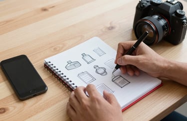 Hands of a designer sketching content ideas in a crimson red notebook, accompanied by a smartphone and professional camera on a light wood table, North American / Mexican setting.