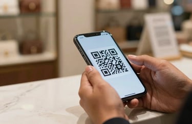 A close-up of a person's hands using a sleek smartphone to scan a QR code at an elegant Indian retail store counter, professional lighting.