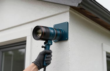 A professional applying a precise, clean barrier treatment to the exterior foundation of a North American / US residence. The lighting is sharp and clear, emphasizing the Dark Deep Teal of the equipment against Crisp Arctic White concrete.
