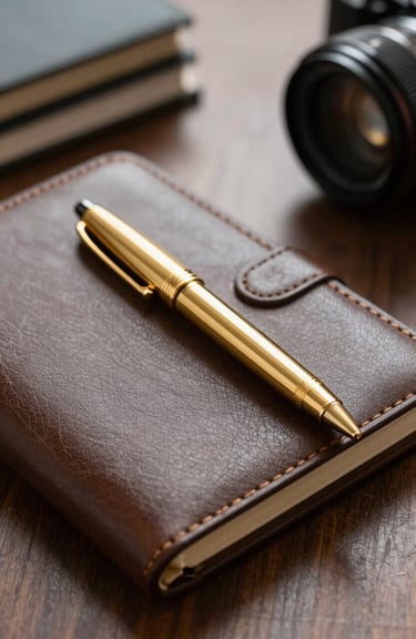Detail of a gold-plated pen resting on a premium leather agenda in a high-end Brazilian office setting.