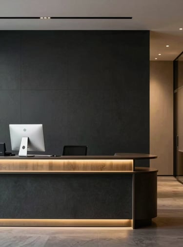 Sophisticated office reception area with a minimalist dark aesthetic and warm golden accents.
