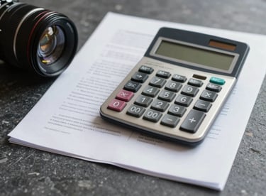 Close-up of financial documents and a classic calculator on a dark stone desk surface.
