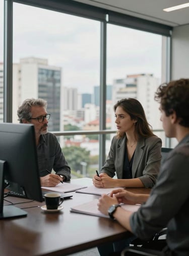 A focused consultation session in a glass-walled office with a view of a city in São Paulo state.