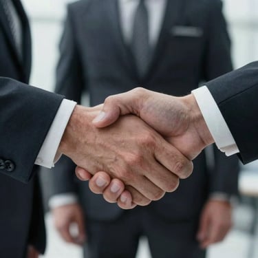 Close-up of a handshake between professionals in formal corporate attire, signifying a new partnership.