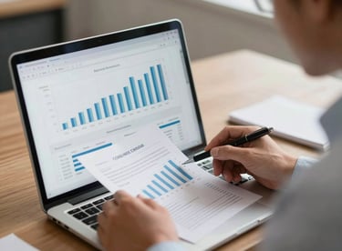 A professional Brazilian accountant reviewing financial reports on a modern laptop screen.
