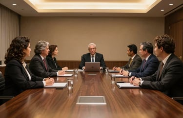 A professional meeting room in South America with dark wood table and golden ambient lighting.