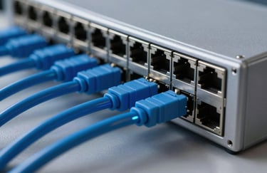 Detail shot of a professional network switch with glowing blue cables connected, representing IT infrastructure and skill.