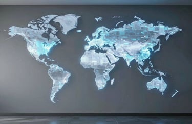 A wide-angle shot of a glowing digital world map on a wall in a sleek International / Global office, Mist Gray and Steel Blue colors.