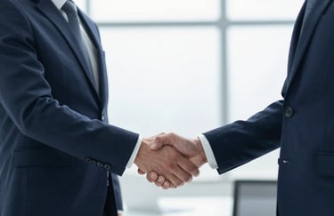 A professional handshake between two business partners in a bright, modern corporate office environment.