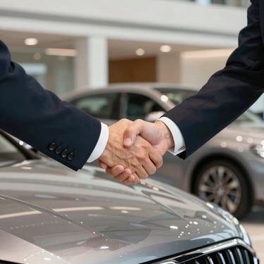 A firm handshake between two professionals over a shiny car hood in a high-end North American &amp;amp;amp;#x2F; US dealership. Luxury feel, bright lighting.