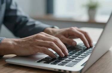 Focused hands typing on a sleek keyboard in a modern office setting with Soft Blue Grey accents in the background.