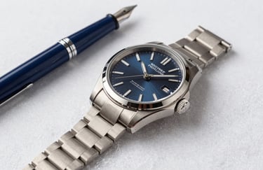 A close-up of a high-end metal wristwatch resting on a Snowy Off-White surface next to a Slate Blue fountain pen.