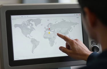 Close-up of a person checking a digital dashboard showing real-time global shipping routes, bathed in a sophisticated mist white light.