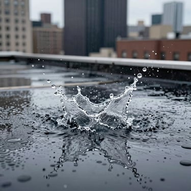 An action shot of water droplets bouncing off a perfectly waterproofed roof surface. The focus is sharp on the water splash, professional lighting, North American / US - New York City.