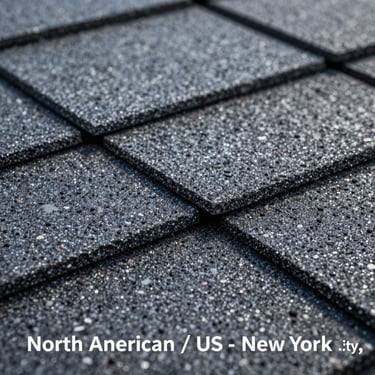 Macro photography of high-grade asphalt shingles featuring protective layers. The texture is rough and durable, shown under cool, professional studio lighting, North American / US - New York City.