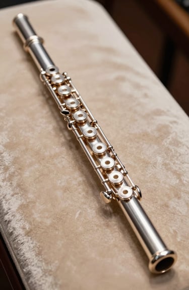 A silver concert flute resting on a parchment-colored velvet cushion, sharp focus on the delicate keys and polished metal.