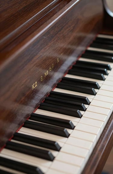 A close-up of a grand piano's ivory and ebony keys with a deep espresso wood finish, soft studio lighting reflecting on the surface.