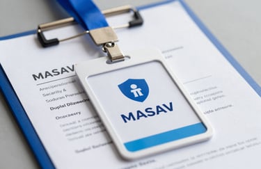 A close-up of a digital security badge and a logistics clipboard, representing MASAV's commitment to safety and licensed operations. Soft blue #8DAEC2 accents.