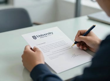A close-up of a student signing a university acceptance letter, premium stationery, blurred office background with navy and pale mist colors.