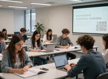 A modern, high-tech classroom in a European university with students engaged in learning, emphasizing modern education quality.
