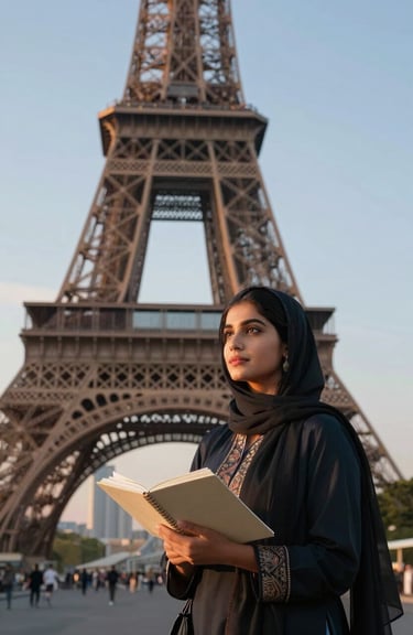 A female Pakistani student standing in front of the Eiffel Tower, holding a notebook, looking toward her future, sunset lighting with soft sky blue tones.