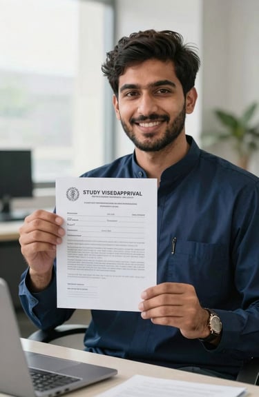 A Pakistani male student holding a study visa approval document, smiling confidently, navy blue accents in clothing, indoor office setting with natural light.