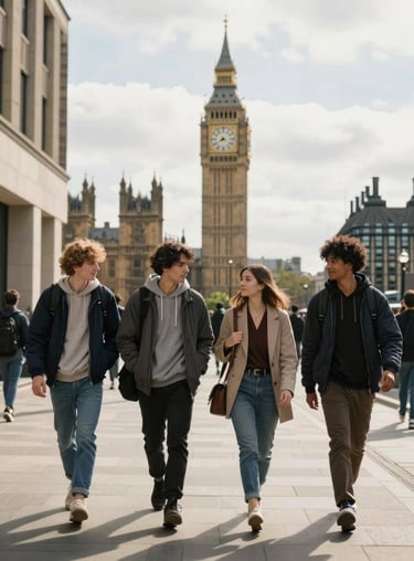 Modern university students walking across a campus in London, Big Ben visible in the soft-focus distance, bright and professional lighting.