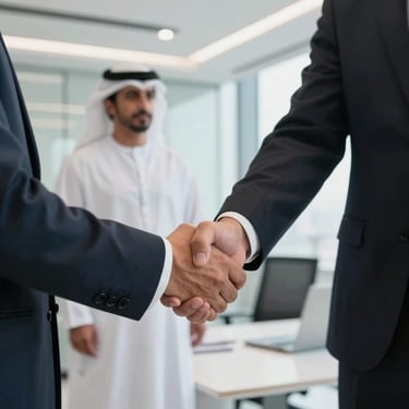 A professional handshake between two businesspeople in a bright, modern corporate office in the UAE. Professional attire, high-end setting, Middle Eastern / Gulf atmosphere.
