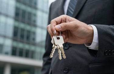 Close-up of a hand in a professional suit holding a set of modern keys in front of a blurred glass office building. Colors are dark charcoal and pale celadon, signifying security and ownership.