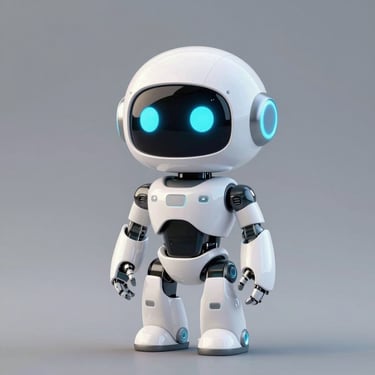 A cute white futuristic robot with glowing blue eyes and a sleek humanoid design on a grey background.