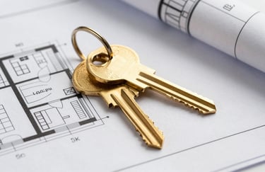 A close-up photography of golden keys resting on top of high-quality architectural blueprints for a luxury home. The lighting is bright and clear, emphasizing professionalism and trust.