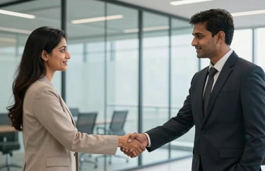 A professional South Asian man and woman in business attire having a firm handshake in a bright, modern glass-walled office in Chennai, symbolizing a successful property deal.
