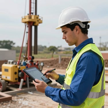 A Brazilian professional engineer in a safety vest using a tablet to monitor drilling data on-site, modern and clean style.